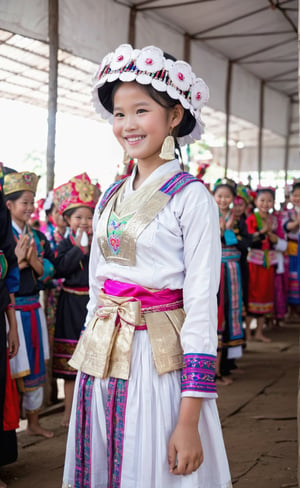 12 year old girl, Laos Hmong, ((Miao)), traditional clothes, big breasts, slim waist, cute girl, making heart with hands and smiling face,