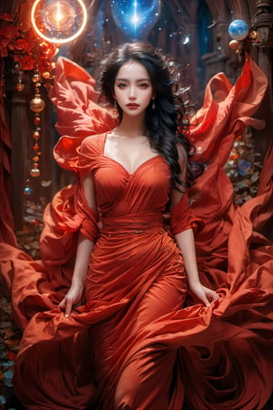 oil-painting, (4k), (masterpiece), (best quality),(extremely intricate), (realistic), (sharp focus), (award winning), (cinematic lighting), (extremely detailed), A young sorceress girl stands in a dimly lit room, her white robes flowing behind her. She has long, black hair, and piercing red eyes. In her hands, she holds a glowing staff. She is standing in a tower, looking out at the stars. She is clearly a powerful and knowledgeable sorceress. The sorceress is focused on her task, but she also has a mischievous glint in her eye. She is clearly excited about the power that she possesses, and she is eager to use it to make a difference in the world, centered image, ultra detailed illustration, posing, (tetradic colors), whimsical, enchanting, fairy tale, (ink lines:1.1), strong outlines, art by MSchiffer, bold traces, unframed, high contrast, (cel-shaded:1.1), vector, 32k resolution, best quality, flat colors, flat lights. Art and mathematics fusion, hyper detailed, trending at artstation, sharp focus, studio photography, intricate detail, highly detailed, centered, perfect symmetrical,rosy