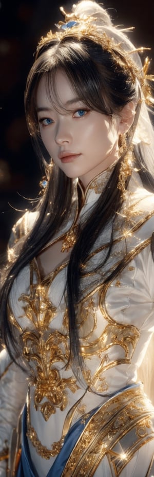 best quality, high resolution, 8k, realistic, sharp focus, photorealistic image of a graceful white haired lady, blue eyes, this lady wearing golden armor with golden magical bell in her possesion, shiny skin, ice theme, huoshen, zhurongshi, huoshen, blurry_light_background, EpicSky,1 girl,hyojoo