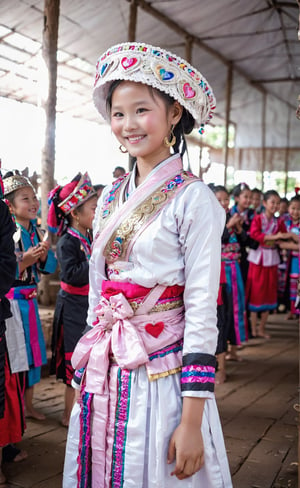 12 year old girl, Laos Hmong, ((Miao)), traditional clothes, big breasts, slim waist, cute girl, making heart with hands and smiling face,