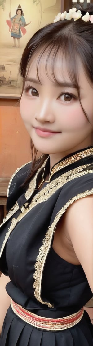 (Masterpiece), Top class, 1_Woman, Laos Hmong, beautiful face, pretty girl, smiling face, softness, 20 years old, full body type, medium chest, alluring body, brown eyes, black hair, eye contact, happy face, cuteness, Mature beauty, museum, full body view, Laos Hmong traditional clothing, small hand heart, Laos deep mountain village,yua_mikami