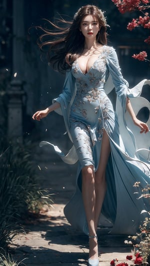 Best quality, high resolution, 8k, realistic and sharp focus, (full body; 1.3), woman in sexy white and light blue red dress with tight and deep cleavage created by famous artist , 1 woman, very intricate details , showcasing fantastical feathers and vibrant colors, a garden covered in gypsophila and roses, a captivating and visually stunning piece of fractal art. A formal artistic quality with strong aesthetic appeal. 4K high-resolution rendering, beautiful face, beautiful eyes, flames, hair blowing in the wind, body facing forward, Korean girl with a beautiful body, 20 years old, Hyoju