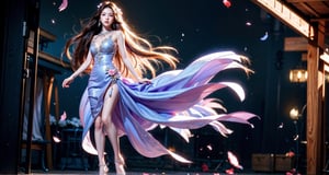 Best quality, high resolution, 8k, realistic and sharp focus,(((full body;1.3))),Woman in sexy white and light blue red dress with tight and deep cleavage created by famous artist, moon, wind This part shows dark mode, a swaying dress, a woman, two people in a very intricately detailed frame, fantastic feathers, vibrant colors, and a garden covered in gypsophila and roses, a captivating and visually stunning piece of fractal art. A formal artistic quality with strong aesthetic appeal. 4K high-resolution rendering, beautiful face, beautiful eyes, flames, flower petals blowing in the wind, hair blowing in the wind dress, body facing forward, Korean girl with a beautiful body, 20 years old, Go Yun-jung,