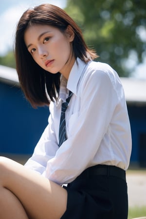 xxmixgirl, 1girl, solo, school background, dark long hair, outdoors, face light, blurry, dark eyes, full body, nudity, lips, day, sky, realistic, blue sky, school shirt, white shirt, short hair, closed mouth, side view, (perfect eyes), sitting, nsfw, thighs,