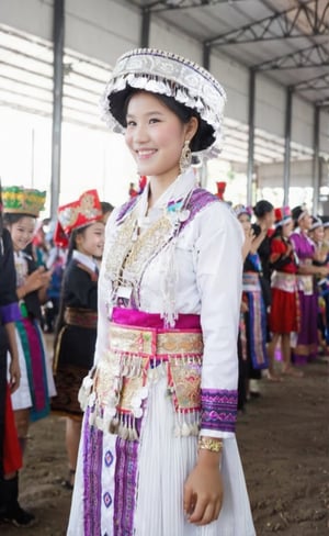 12 year old girl, Laos Hmong, ((Miao)), traditional clothes, big breasts, slim waist, cute girl, making heart with hands and smiling face,