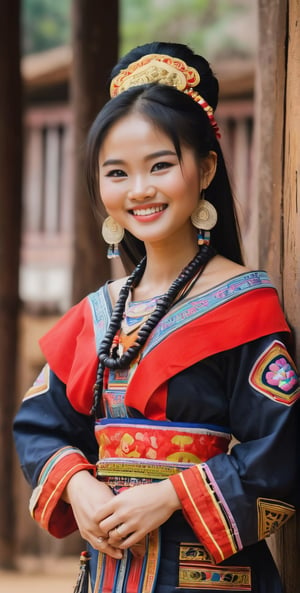 (Masterpiece), Top class, 1_Woman, Laos Hmong, beautiful face, pretty girl, smiling face, softness, 20 years old, full body type, medium chest, alluring body, brown eyes, black hair, eye contact, happy face, cuteness, Mature beauty, museum, full body view, Laos Hmong traditional clothing, small hand heart, Laos deep mountain village