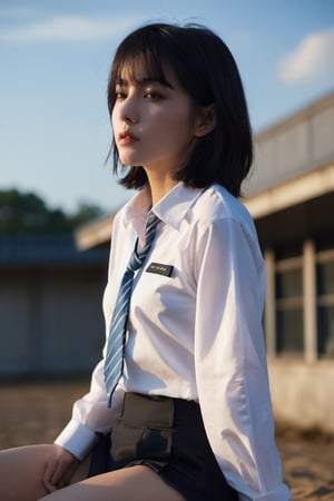 xxmixgirl, 1girl, solo, school background, dark long hair, outdoors, face light, blurry, dark eyes, full body, nudity, lips, day, sky, realistic, blue sky, school shirt, white shirt, short hair, closed mouth, side view, (perfect eyes), sitting, nsfw, thighs,