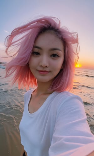 xxmixgirl,1girl, fisheye, selfie, sea, wind, messy hair, sunset, beach, (aesthetics and atmosphere:1.2), pink hair,smiling,Xxmix_Catecat