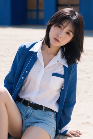 xxmixgirl, 1girl, solo, school background, black long hair, outdoors, light on face, blurry, black eyes, full body, lips, day, sky, realistic, blue sky, school shirt, white shirt, short hair, jacket, closed mouth, looking to the side,(perfect eyes), sitting_down, nsfw, thigh,