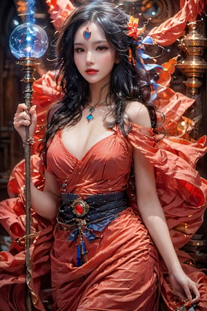 oil-painting, (4k), (masterpiece), (best quality),(extremely intricate), (realistic), (sharp focus), (award winning), (cinematic lighting), (extremely detailed), A young sorceress girl stands in a dimly lit room, her white robes flowing behind her. She has long, black hair, and piercing red eyes. In her hands, she holds a glowing staff. She is standing in a tower, looking out at the stars. She is clearly a powerful and knowledgeable sorceress. The sorceress is focused on her task, but she also has a mischievous glint in her eye. She is clearly excited about the power that she possesses, and she is eager to use it to make a difference in the world, centered image, ultra detailed illustration, posing, (tetradic colors), whimsical, enchanting, fairy tale, (ink lines:1.1), strong outlines, art by MSchiffer, bold traces, unframed, high contrast, (cel-shaded:1.1), vector, 32k resolution, best quality, flat colors, flat lights. Art and mathematics fusion, hyper detailed, trending at artstation, sharp focus, studio photography, intricate detail, highly detailed, centered, perfect symmetrical,rosy