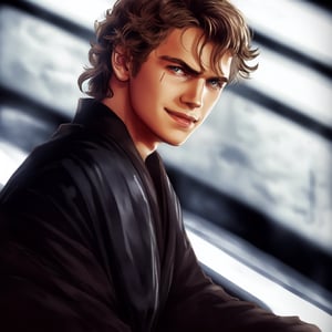 anakin skywalker, anger, heroic pose, hayden christensen, film grain, curly long hair.,ink splash, jedi cloth, serious, smiled eyes, dark atmosphere.