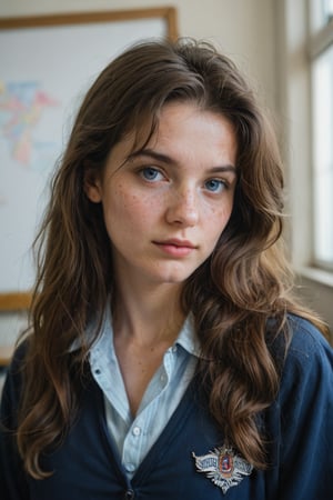 portrait of retro teacher with detailed face, detailed blue eyes, long hair, freckles, in retro vintage classroom, The lighting is chiaroscuro with high contrast. The overall image has a surrealism element. best quality, cinematic, concept art, photography, photo art, rim ligh