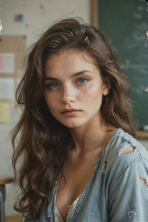 portrait of retro teacher with detailed face, detailed blue eyes, long hair, freckles, in retro vintage classroom, The lighting is chiaroscuro with high contrast. The overall image has a surrealism element. best quality, cinematic, concept art, photography, photo art, rim ligh, damaged film, sepia,