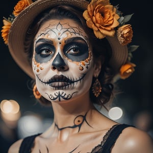 (Best quality, 8k, 32k, Masterpiece, UHD:1.2),  full body portrait of a woman with Catrina makeup, dia de los muertos, white make up, orange, black makeup, emulating a skull with the make up, orange flowers as ornament in hair, many orange flowers, wearing a gown, gloves  and attractive features, eyes, eyelid,  focus, depth of field, film grain,, ray tracing, ((contrast lipstick)), slim model, detailed fabric rendering, detailed natural real skin texture, visible skin pores, anatomically correct, night, cemetary background,  Catrina,(PnMakeEnh),Catrina