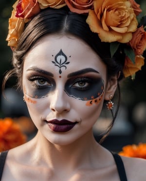 (Best quality, 8k, 32k, Masterpiece, UHD:1.2),  full body potrait of a woman with Catrina makeup, dia de los muertos, white make up, orange, black makeup, emulating a skull with the make up, orange flowers as ornament in hair, many orange flowers, wearing a gown, gloves  and attractive features, eyes, eyelid,  focus, depth of field, film grain,, ray tracing, ((contrast lipstick)), slim model, detailed fabric rendering, detailed natural real skin texture, visible skin pores, anatomically correct, night, cemetary background,  Catrina,(PnMakeEnh)