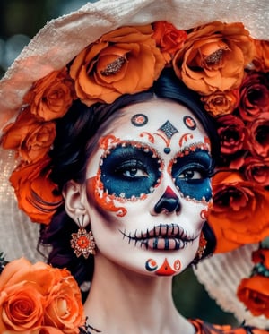 (Best quality, 8k, 32k, Masterpiece, UHD:1.2),  full body potrait of a woman with Catrina makeup, dia de los muertos, white make up, orange, black makeup, emulating a skull with the make up, orange flowers as ornament in hair, many orange flowers, wearing a gown, gloves  and attractive features, eyes, eyelid,  focus, depth of field, film grain,, ray tracing, ((contrast lipstick)), slim model, detailed fabric rendering, detailed natural real skin texture, visible skin pores, anatomically correct, night, cemetary background,  Catrina,(PnMakeEnh)