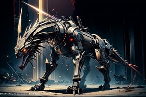 cyberpunk, military robot dog, warrior knight armor, ornate black armor, spiky tail with grenade launcher on end, two robotic praying mantis arms with laser cannon and rocket pod, ornate black faceplate, metal sharp_teeth