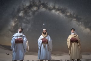 3 reyes magos de oriente llevando regalos, montados en camellos. de noche, ilumunados por las estrellas, a el niño Jesus recien nacido en la cuna, que nacio en el portal de belen, en el desierto
