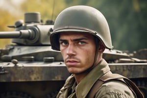 soldier in tank WWII, with a sad look.
This should be a ((masterpiece)) with a ((best_quality)) in ultra-high resolution, both ((4K)) and ((8K)), incorporating ((HDR)) for vividness. It uses a ((Kodak Portra 400)) lens for timeless, professional quality. Emphasizes a ((blurred background)) with a touch of ((bokeh)) and ((lens flare)) for an artistic effect. Enhance ((vibrant colors)) for a vivid look. Make sure the photograph is ((ultra-detailed)) and shows ((absurd)) details. Pay special attention to capturing the ((beautiful face)) of the subject. The goal is to create a ((professional photograph)) that is visually stunning and technically excellent.