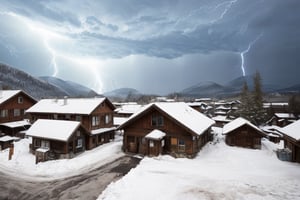brutal lightning and snow storm in a mountain village  