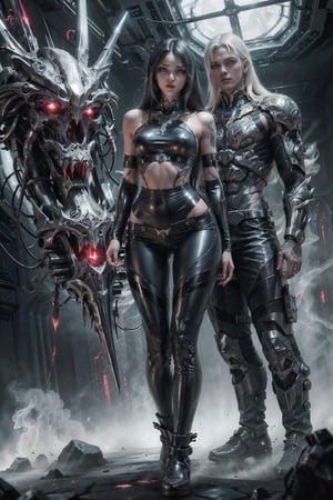 woman, 23, vampiric,  black hair, vibrant tattoos, piercings, high long ponytail, ((leather leggings)), strappy stiletto shoes, red lips, angry, (pretty blue eyes), pretty face, teasing, evil look, derelict spaceship, standing with cyborg either side, smokey atmosphere, vamptech, manga panel, full length,sketch, dominant, vibrant,
