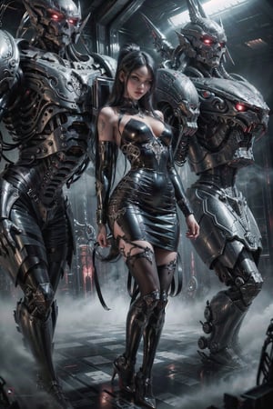 woman, 23, vampiric,  black hair, vibrant tattoos, piercings, high long ponytail, ((leather dress)), strappy stiletto shoes, red lips, angry, (pretty blue eyes), pretty face, teasing, evil look, derelict spaceship, standing with cyborg either side, smokey atmosphere, dark and moody lighting, vamptech, manga panel, full length,sketch, dominant, vibrant,