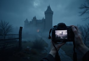 first person pov holding a Canon EOS camera, to take a picture of the scenery, in the background is a haunted castle at night, spooky ambient, in the background there is fog