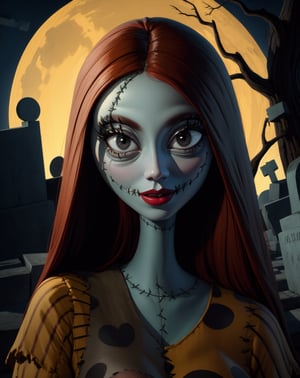 Sally, colored skin,stitches,long red hair, stitched face, lips,  small pupils,  black eyes,  large eyes, 
dress,smile, 
standing,  upper body,  garden, 
 yellow moonlight,  graveyard, dead trees, 
(insanely detailed, beautiful detailed face, masterpiece, best quality)  
