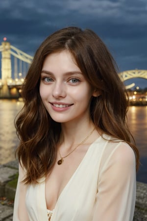 25-year-old British girl with a pretty smile,
Brown and bronze mixed hair,
Natural face lighting,
High Querity Photo Effect,
sweep over one's hair,
right size of the chest,
Necklace_bracelet,
background on the bridge in the dark evening,
ellafreya,arshadArt,Detailedface