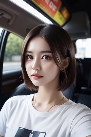 A 31-year-old Korean woman,  
tanned skin,
Character T-shirt,
short straight hair, 
realistic photo effect, 
Front lighting of the face,
car interior background,
arshadArt,wo_fmmika01,hf_Alexandra_Nagy-20
