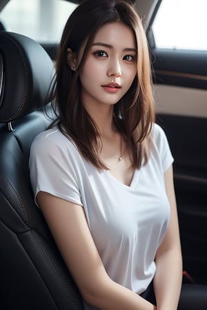A 31-year-old Korean woman,  
perm hair,
an attractive mole on one's face,
V-neck shirt,
realistic photo effect, 
Front lighting of the face,
car interior background,
arshadArt,wo_fmmika01,hf_Alexandra_Nagy-20