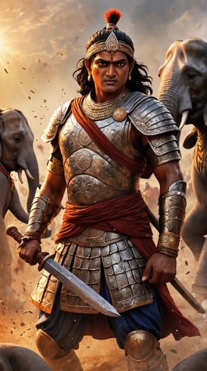 Ashoka the Great:
"Visualize Ashoka the Great, in the heat of battle before his transformation. Clad in richly textured Mauryan armor, he wields a sword, leading his troops with unwavering focus. The battlefield is chaotic, with elephants and soldiers in action, dust and particles adding to the intensity, capturing the moment before his embrace of peace."