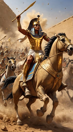 Ramses II: "Illustrate Ramses II, commanding his chariot at the Battle of Kadesh. His golden armor and royal headdress are intricately detailed, and his chariot horses gallop with fierce determination. The scene is alive with the clash of armies, dust and particles swirling, creating an epic portrayal of ancient Egyptian warfare."