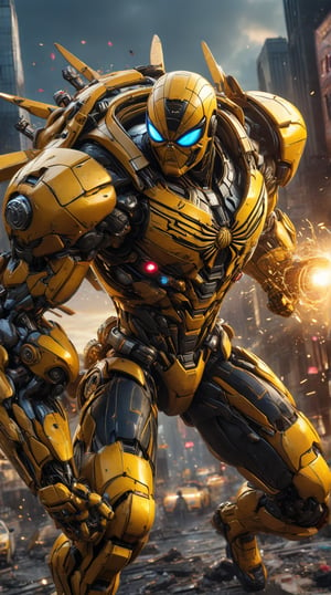 action pose, full body, Fusion of bumblebee and spider-man.
(best quality, 4K, 8K, high-resolution, masterpiece), ultra-detailed, intricate designed, vibrant colors, otherworldly appearance, glowing elements, complex patterns, dynamic lighting, cinematic composition, high detail, high resolution. The result should be a breathtaking image that immerses viewers in the world of giant robots and epic battles.