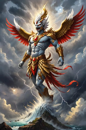 Create an image of Garuda, the majestic mythical bird of Hindu, Buddhist, and Jain traditions. Visualize Garuda with golden feathers, a white face, and red wings, soaring through the stormy skies. Its beak and wings resemble those of an eagle, yet its body is human-like and colossal, casting a shadow over the land below. Add swirling clouds, lightning, and particles to heighten the dramatic effect. Garuda should be in action, perhaps diving towards an unseen foe or carrying a deity, capturing the essence of power and divine protection