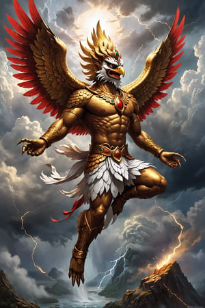 Create an image of Garuda, the majestic mythical bird of Hindu, Buddhist, and Jain traditions. Visualize Garuda with golden feathers, a white face, and red wings, soaring through the stormy skies. Its beak and wings resemble those of an eagle, yet its body is human-like and colossal, casting a shadow over the land below. Add swirling clouds, lightning, and particles to heighten the dramatic effect. Garuda should be in action, perhaps diving towards an unseen foe or carrying a deity, capturing the essence of power and divine protection
