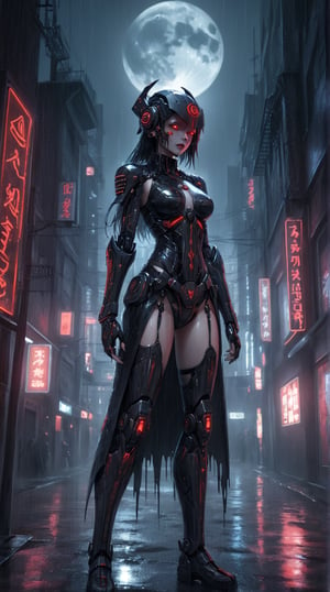 A dark and intricate gothic artwork of a cybernetic woman with glowing red eyes, standing in the rain under moonlight and neon lights. Her helmet features gothic designs and glowing runes. The scene is moody and atmospheric, with rain and dramatic shadows. The background features gothic architecture and a dark, eerie cityscape. The scene is lit by a full moon and neon signs, creating a somber and mysterious atmosphere.