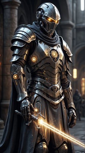 medieval knight cybernetic mage with cool robes and glowing weapon, sci-fi, photorealistic, cinematic. poster-like.