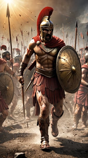 Leonidas I: "Depict Leonidas I, at the Battle of Thermopylae, standing defiantly with his Spartan warriors. His bronze armor and plumed helmet shine under the sun, richly textured and battle-worn. The scene captures the intense struggle, with arrows flying and particles of dust and blood, showcasing the bravery and sacrifice of the Spartans."