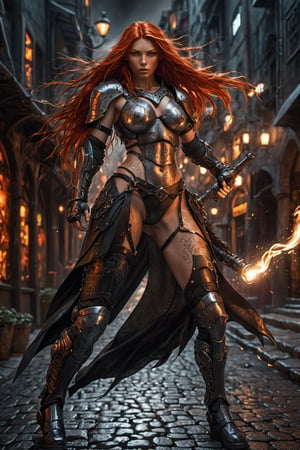 Surrealism, Beautiful young red hair female warrior, orange long hair blowing in wind, full body, frontal view, dresed with a black leather bikini, Black armor with metallic intrincate decorations, intricate details, photograph, strong, dynamic posture, full body, photorealistic, intrincate details, in medieval city nigth lit by torches backgoun, cyberpunk style