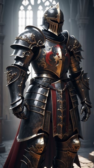 A German Imperial Gothic Knight. Black, Red, and Golden Color Plate Armour. Warhammer Fantasy. High Fantasy. Dark Fantasy. Unreal Engine. Ultra Realistic. Cinematic. --s 50 --style raw