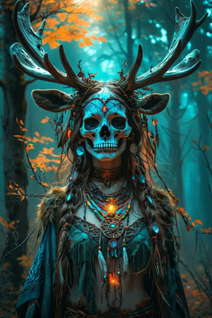 A shaman girl, with a large moose skull on her face, The strange decoration of dead branches, the mysterious and brightly colored Celtic shaman costume, and the girl is surrounded by a mysterious aura