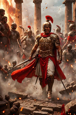 Visualize the Roman Praetorian Guard in action, protecting their emperor with unwavering loyalty. Clad in detailed, ornate armor and crimson cloaks, they engage in close combat, their gladii flashing. Particles and embers fill the air, adding to the scene's intensity. The background features the grandeur of ancient Rome, with towering columns and statues, creating a breathtaking image that highlights the power and discipline of these elite soldiers.