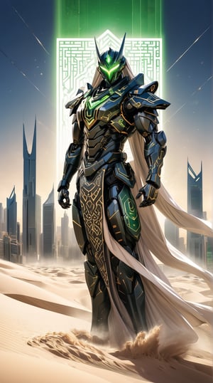 pop art, A bird’s eye view of a gigantic Pacific Rim Jaeger representing Saudi Arabia. The Jaeger’s design is inspired by the Kaaba, featuring black and gold-tinted armor with intricate Islamic geometric patterns. Its headpiece resembles a traditional ghutra, and its body is adorned with calligraphy. The Jaeger’s core glows with a bright green light, symbolizing the national flag. Below, the landscape reveals vast deserts and urban skyscrapers. Enhanced with glare, lens flare, and cinematic lighting, the Jaeger’s imposing presence is accentuated by swirling sand particles and sparks, capturing Saudi Arabia's spiritual and modern essence.