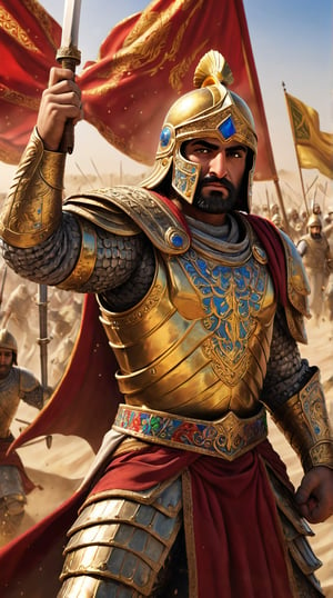 Cyrus the Great:
"Depict Cyrus the Great, at the forefront of a Persian army. Clad in ornate, golden armor and a winged helmet, he raises his sword to signal an advance. The scene is filled with the vibrant colors of Persian banners, and the detailed armor of his soldiers, with particles of dust and sand creating a dynamic and immersive battlefield atmosphere."