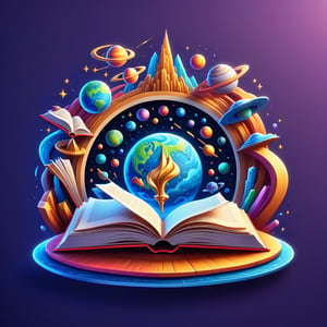 t-shirt design, circle, (best quality, 4k, 8k, highres, masterpiece:1.2), ultra-detailed ,illustration, cartoon, An open book with holographic projections of historical events, scientific discoveries, and fun facts, in a vibrant and dynamic style, plain background