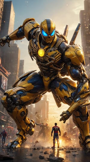 action pose, full body, Fusion of bumblebee and spider-man.
(best quality, 4K, 8K, high-resolution, masterpiece), ultra-detailed, intricate designed, vibrant colors, otherworldly appearance, glowing elements, complex patterns, dynamic lighting, cinematic composition, high detail, high resolution. The result should be a breathtaking image that immerses viewers in the world of giant robots and epic battles.