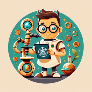 t-shirt design, circle, A stylized android wearing glasses, holding a scroll and a microscope, with digital data and ancient symbols in the background, in a modern flat design, plain background