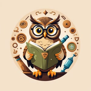 t-shirt design, circle, A stylized owl wearing glasses, holding a scroll and a microscope, with digital data and ancient symbols in the background, in a modern flat design, plain background