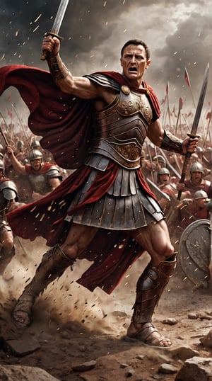 Julius Caesar:
"Depict Julius Caesar, standing resolute amidst a fierce battle. He commands his legions with a commanding gesture, clad in richly textured Roman armor and a red cloak billowing in the wind. The scene is filled with dynamic motion, with Roman soldiers clashing against barbarian forces, dust and particles adding depth and intensity to the image."